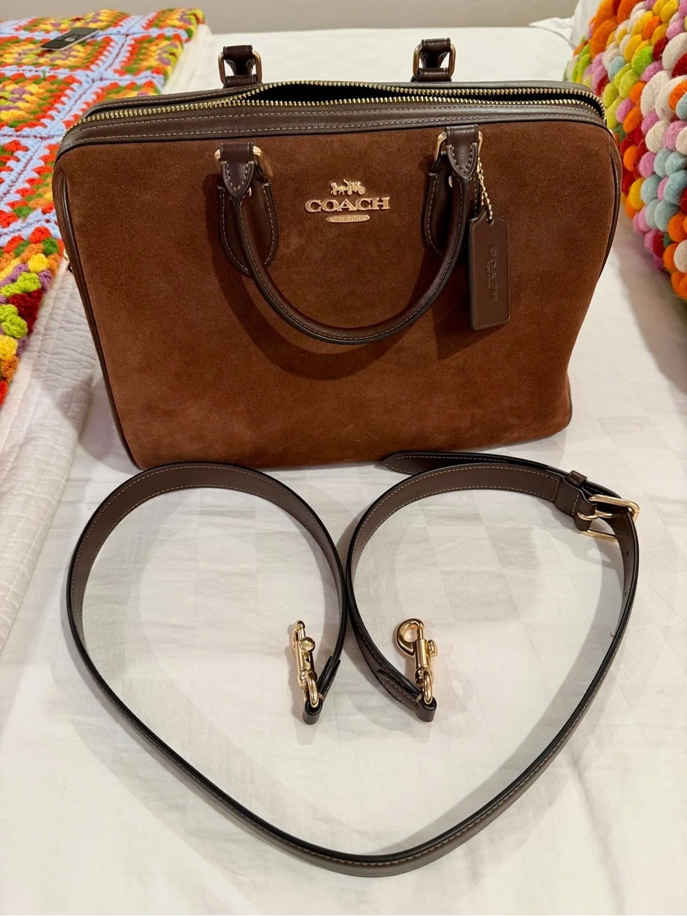 Coach Brown Suede Leather Top-Handle Satchel with Dark Brown Trim